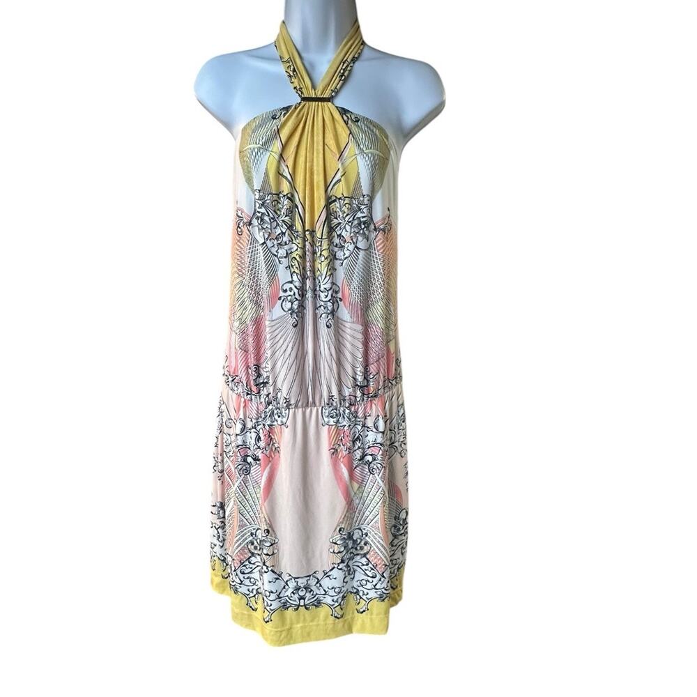 Cache Halter Blouson Dress Abstract Print Yellow Pink Boho Summer Y2K XL NWT